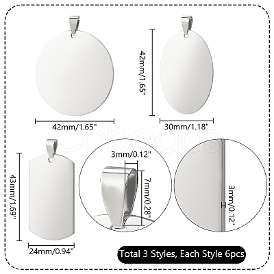 PandaHall Elite 18Pcs 3 Styles 201 Stainless Steel Stamping Blank Tag Pendants STAS-PH0005-63-1