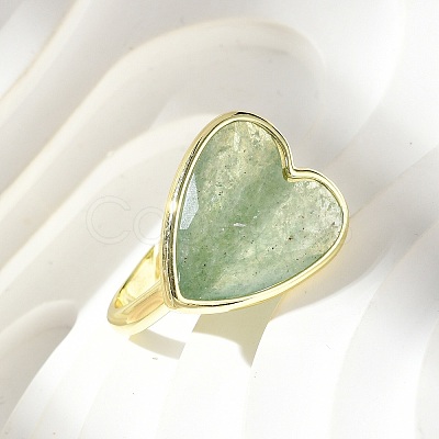 Heart Brass Natural Green Strawberry Quartz Finger Rings X-RJEW-D304-01G-C-1