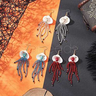 3 Pairs 304 Stainless Steel Dyed Synthetic Turquoise & Natural Black Onyx & Glass Seed Beaded Dangle Earrings EJEW-MZ00530-1