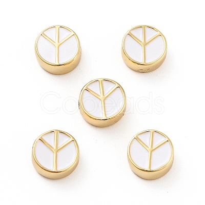 Flat Round with Peace Sign Brass Enamel Beads KK-G419-05G-04-1