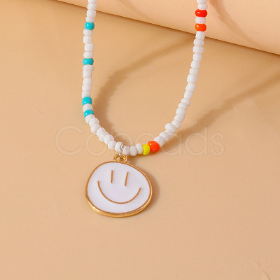 Alloy Enamel Smiling Face Pendant Glass Seed Beaded Necklaces for Women FS-WGD322E-06-1