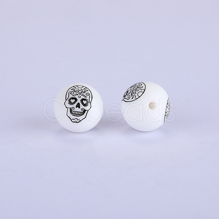 Printed Round with Skull Pattern Silicone Focal Beads SI-JX0056A-196-1