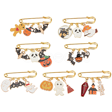 BENECREAT 1Set Halloween Pumpkin & Haunted House & Skull & Bat Alloy Enamel Charms Safety Pin Brooch JEWB-BC0001-05-1