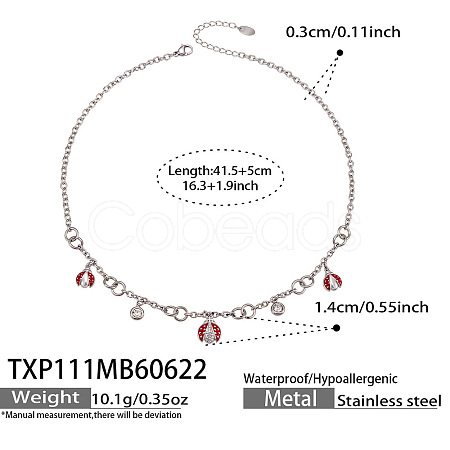 304 Stainless Steel Micro Pave Clear Cubic Zirconia Enamel Red Ladybug Pendant Necklaces for Women WG77B69-03-1