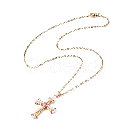 Japanese Seed Beaded Cross Pendant Necklace NJEW-MZ00013-1