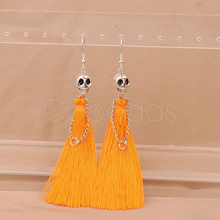 Zinc Alloy Polyester Skull Tassel Dangle Earrings FS-WG69CBD-03-1