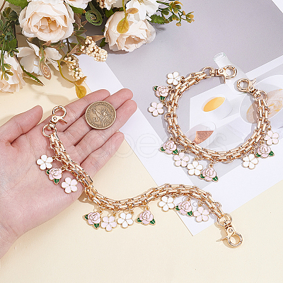 2Pcs Alloy Pink and White Enamel Flower Tassel Bag Decorative Chains AJEW-BBC0001-05-1