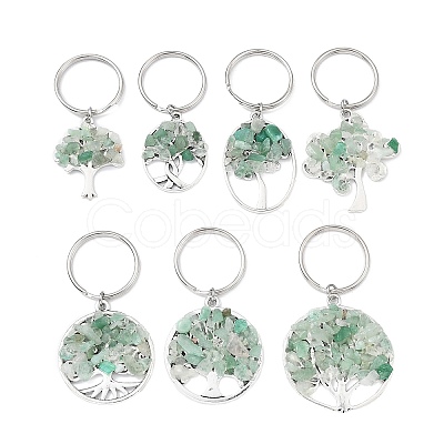 Natural Green Aventurine Chip & Alloy Tree of Life Pendant Keychain KEYC-JKC00648-02-1