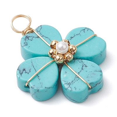 Synthetic Turquoise Clover Pendants PALLOY-JF03180-03-1