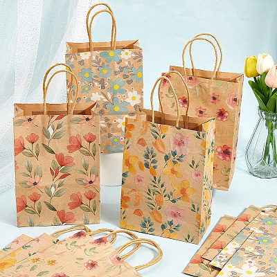 16Pcs 4 Styles Flower Print Paper Bags with Handles ABAG-BBC0001-30-1