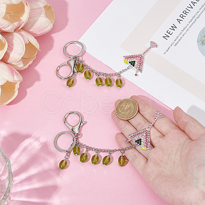 2Pcs Alloy Rhinestone Wine Glass Charm with K9 Glass Bead Keychains KEYC-OC00010-1