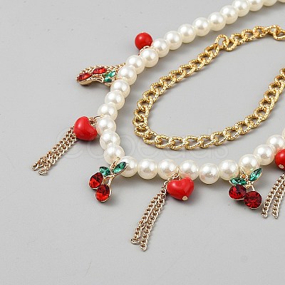 ABS Plastic Imitation Pearl Round Beaded Alloy Heart Cherry Pendant Double Layer Necklaces NJEW-WH0002-217-1
