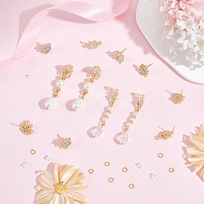 6 Pairs 3 Style Flower Brass Cubic Zirconia Stud Earring Findings KK-CN0003-19-1