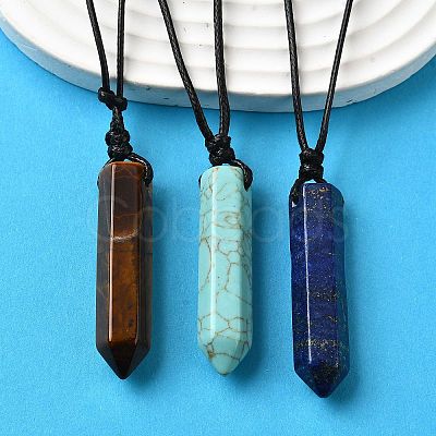 Natural & Synthetic Mixed Gemstone Faceted Bullet Pendant Waxed Cord Necklaces NJEW-Q030-01A-1