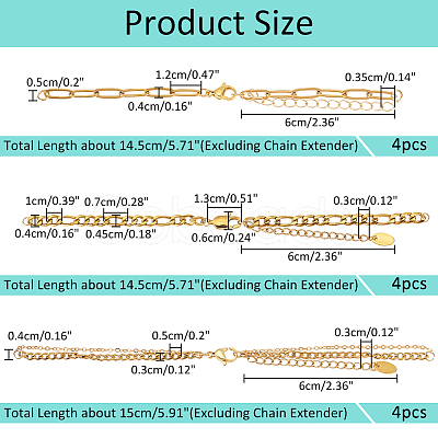 Nbeads 12Pcs 3 Style 304 Stainless Steel  Chain Bracelet Making MAK-NB0001-18-1