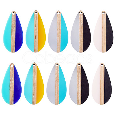 10Pcs 5 Colors Transparent & Opaque Resin & Wood Pendants RESI-TA0004-65-1