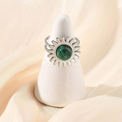 Natural Malachite & Stainless Steel Cuff Open Rings RJEW-JR01091-02-1