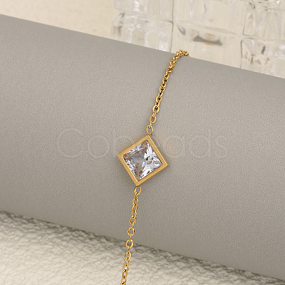 Rhombus 304 Stainless Steel Pave Clear Cubic Zirconia Link Bracelets & Stud Earrings & Pendant Necklaces FS-WG48BD9-01-1
