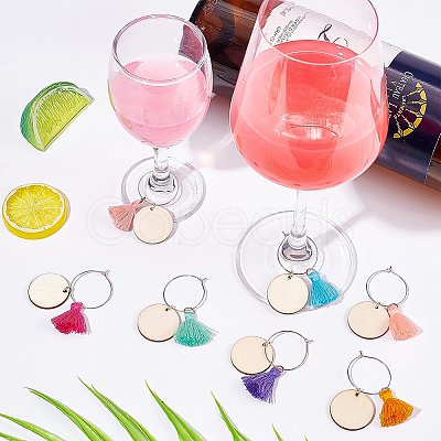 24Pcs 8 Colors Flat Round Wood & Tassel Dangle Wine Glass Charms AJEW-BC0003-13-1