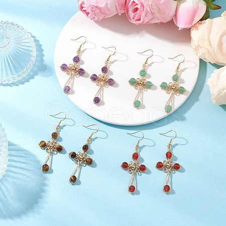 4 Pairs Brass Natural Gemstone Dangle Earrings EJEW-TA00728-1