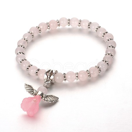 Trendy Natural Rose Quartz Beaded Acrylic Charm Bracelets BJEW-JB01792-02-1