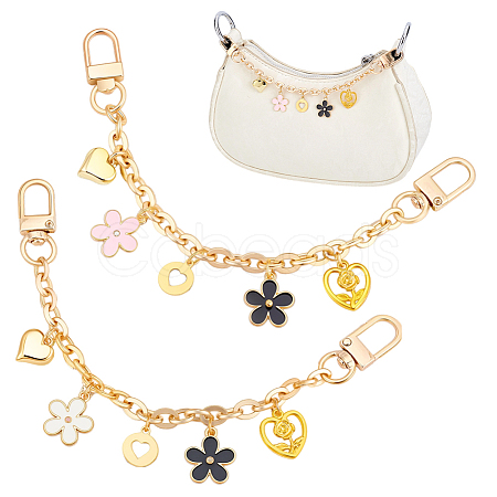 2Pcs 2 Colors Acrylic Heart & Alloy Enamel Pink and White Flower Pendant Alloy Cable Chain Bag Decorative Chains HJEW-BBC0001-35-1