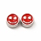 Rack Plating Alloy Enamel Beads, Cadmium Free & Nickel Free & Lead Free, Flat Round with Smiling Face Pattern, Platinum, Red, 7.5x4mm, Hole: 2mm