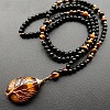 Natural Tiger Eye Copper Wire Wrapped Tree of Life Teardrop Pendant Black Round Beaded Necklaces for Men EF1555-5