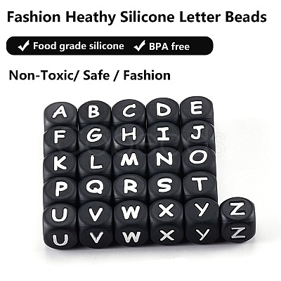 20Pcs Black Cube Letter Silicone Beads 12x12x12mm Square Dice Alphabet Beads with 2mm Hole Spacer Loose Letter Beads for Bracelet Necklace Jewelry Making JX433T-1