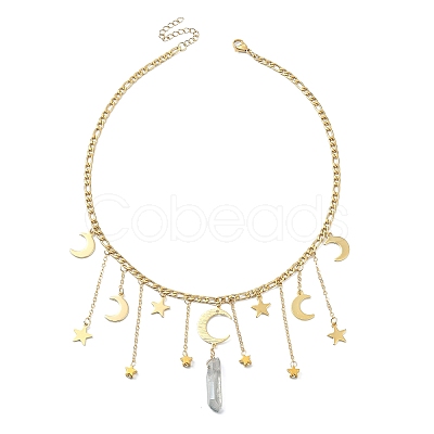 Moon & Star 304 Stainless Steel & Natural Quartz Crystal Charms Bib Necklace NJEW-TA00094-1