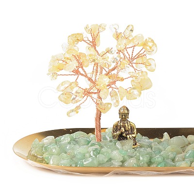 Natural Yellow Quartz Money Tree Buddha Sculpture Set Incense Burner & Natural Green Aventurine on Trays for Wealth DJEW-G027-19RG-07-1