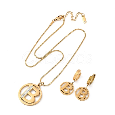 Flat Round with Letter B 304 Stainless Steel Pendant Necklaces & Hoop Earring Jewelry Sets SJEW-L177-08G-1