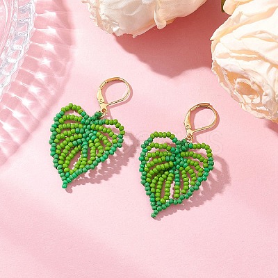 Leaf Handmade Glass Seed Beads Leverback Earrings EJEW-MZ00490-01-1