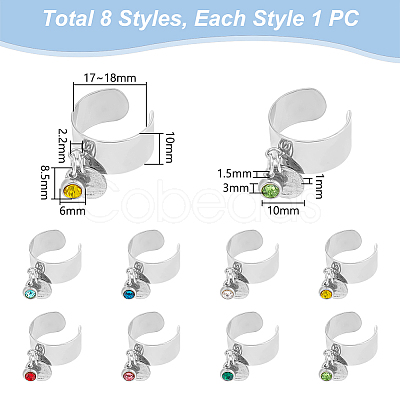 8Pcs 8 Color Birthstone Rhinestone & 201 Stainless Steel Flat Round Charm Rings Set RJEW-AB00004-1