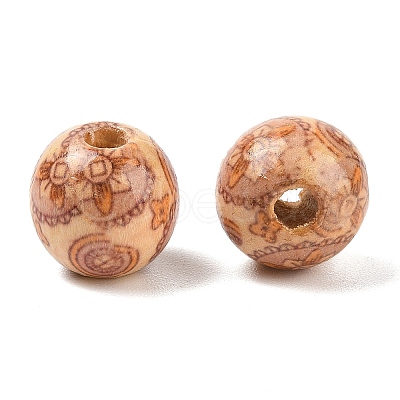 Round Printed Natural Maple Wood Beads WOOD-R243-16mm-B08-1