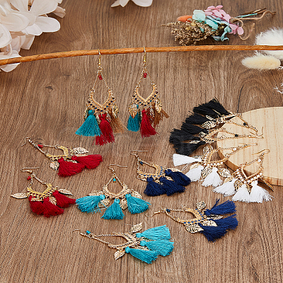 6 Pairs 6 Colors Leaf & Cotton Tassel Chandelier Earrings EJEW-FI0003-14-1