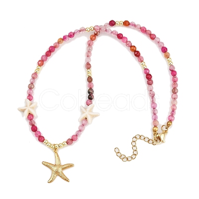Synthetic Turquoise & Dyed Natural Agate Faceted Round Beaded Starfish 304 Stainless Steel Pendant Necklaces for Women NJEW-JN05458-01-1