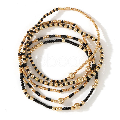 5Pcs Zinc Alloy & Glass Seed Round Beads Stretch Bracelet Set for Women AJ2042-2-1
