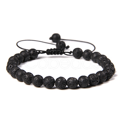 Natural Lava Rock Round Bead Adjustable Braided Bracelets UO3136-5-1