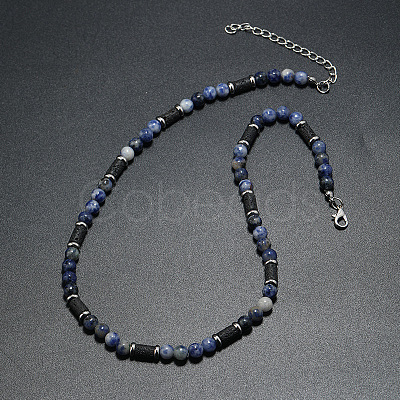 Natural Blue Spot Jasper Round and Lava Rock Column Beaded Necklaces for Men AD4538-3-1