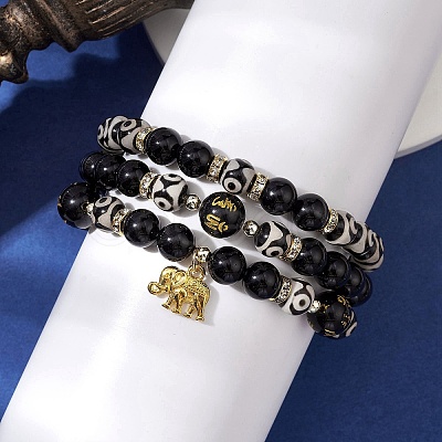 3Pcs 3 Styles 8mm Round Natural Tibetan 3-Eye dZi Agate & Eyeless Obsidian Beaded Stretch Bracelet Sets BJEW-JB10336-1