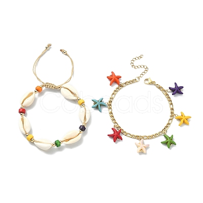 2Pcs 2 Style Synthetic Turquoise Starfish Charm Bracelets Set BJEW-TA00354-1