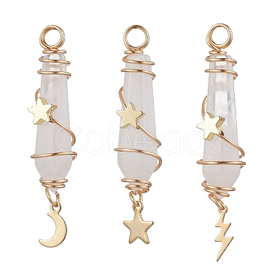 3Pcs 3 Styles Natural Quartz Crystal Pointed Copper Wire Wrapped Faceted Bullet Big Pendants PALLOY-JF03572-01-1