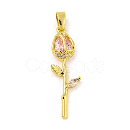Rose Flower for Valentine's Day Golden Rack Plating Brass Micro Pave Cubic Zirconia Pendants X-KK-R153-01D-G-1