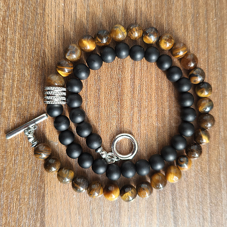 6mm Natural Obsidian & Tiger Eye Round Beaded OT Necklaces for Men Women DT8400-1-1