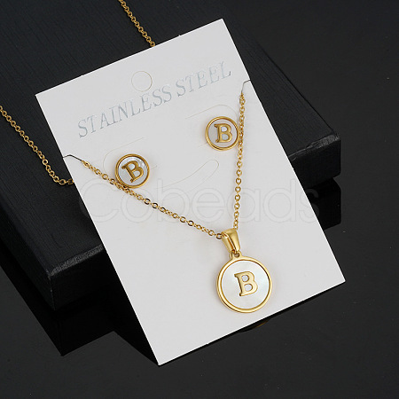 304 Stainless Steel with Natural Shell Pendant Necklaces & Stud Earrings Sets FS-WG5FD70-02-1
