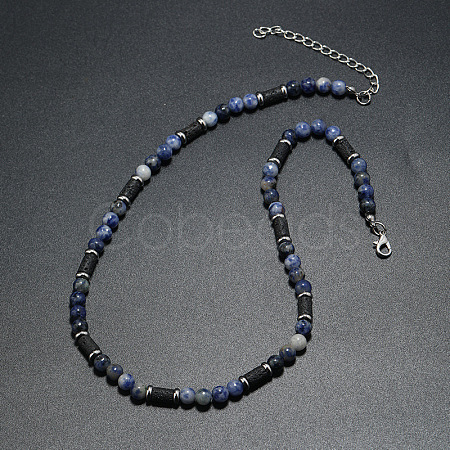 Natural Blue Spot Jasper Round and Lava Rock Column Beaded Necklaces for Men AD4538-3-1