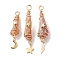 3Pcs 3 Styles Electroplated Natural Quartz Crystal Copper Wire Wrapped Pendants, TearDrop Charms with Golden Tone Alloy Moon & Star & Sun & Lightning Bolt, Dark Salmon, 44.5~48.5x8~10.5x6.5~13mm, Hole: 4mm, about 1pc/style