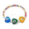 3Pcs 3 Style Heart & Flower & Hamsa Hand Lampwork & Seed Beaded Stretch Bracelets BJEW-JB09372-2