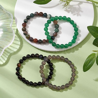 4Pcs Constellation 8mm Round Natural Gray Agate & Green Aventurine & Indian Agate & Black Onyx(Dyed & Heated) Beaded Stretch Bracelets for Women BJEW-JB10632-1